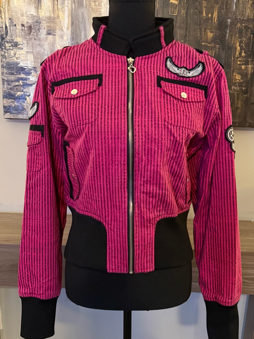 Vintage Raw Blue Pink Striped Bomber Jacket XL Y2K Fleur De Lis Wings Back Patch
